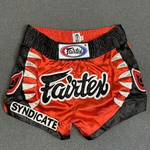 Fairtex Syndicate Muay Thai Shorts Mens Large Red Black Fight Trunks Kickboxing